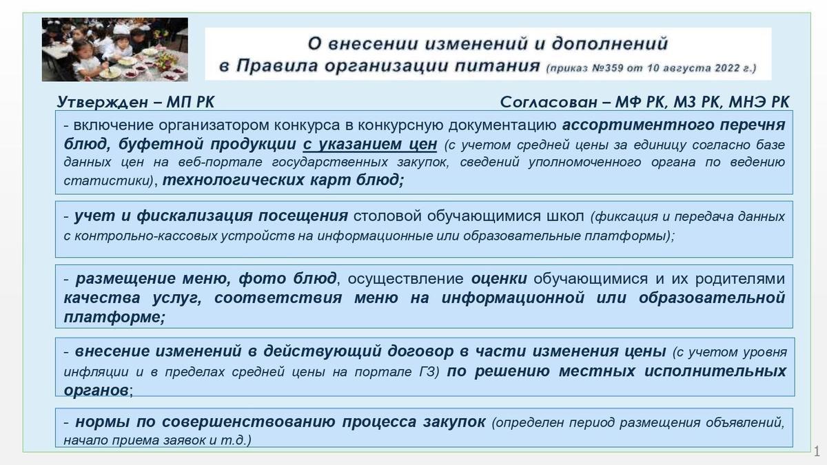 О внесении изменений и дополнений в Правила организации питания (приказ №359 от 10 Тамыза 2022 г.)