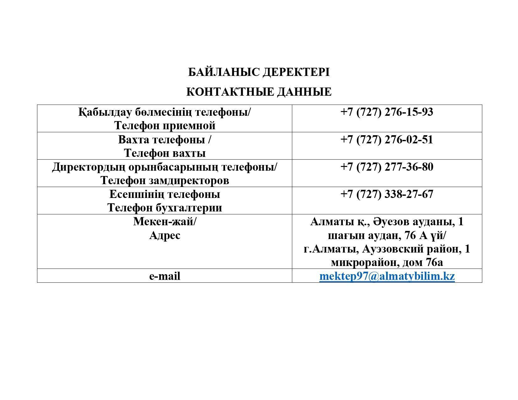 БАЙЛАНЫС ДЕРЕКТЕРІ/КОНТАКТНЫЕ ДАННЫЕ