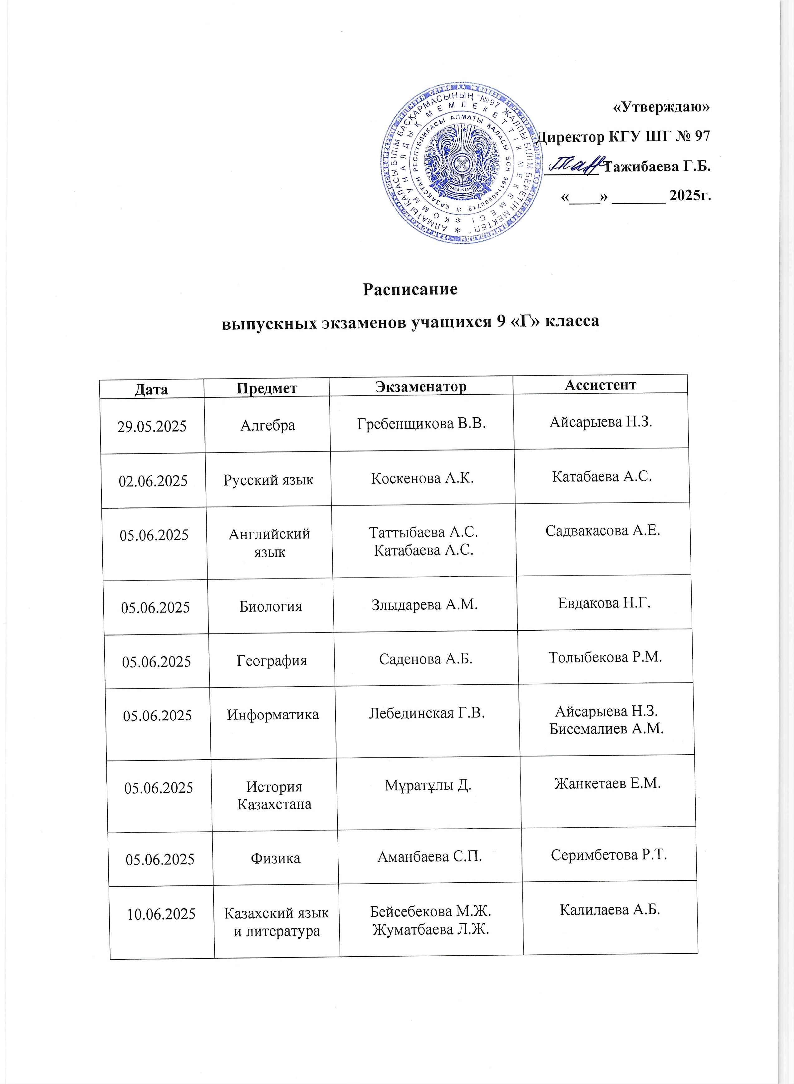Расписание выпускных экзаменов учащихся 9 "Г" класса