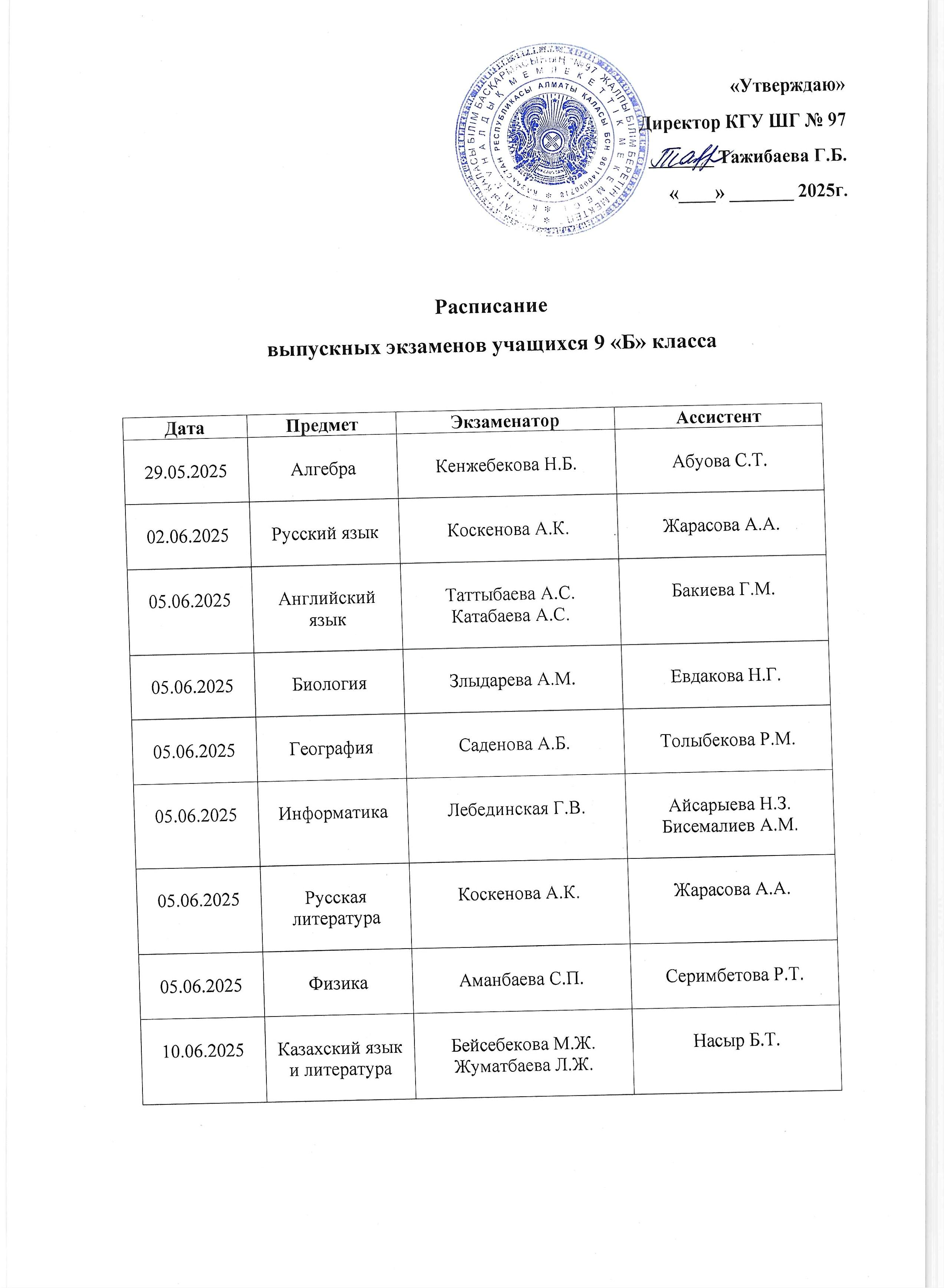 Расписание выпускных экзаменов учащихся 9 "Б" класса