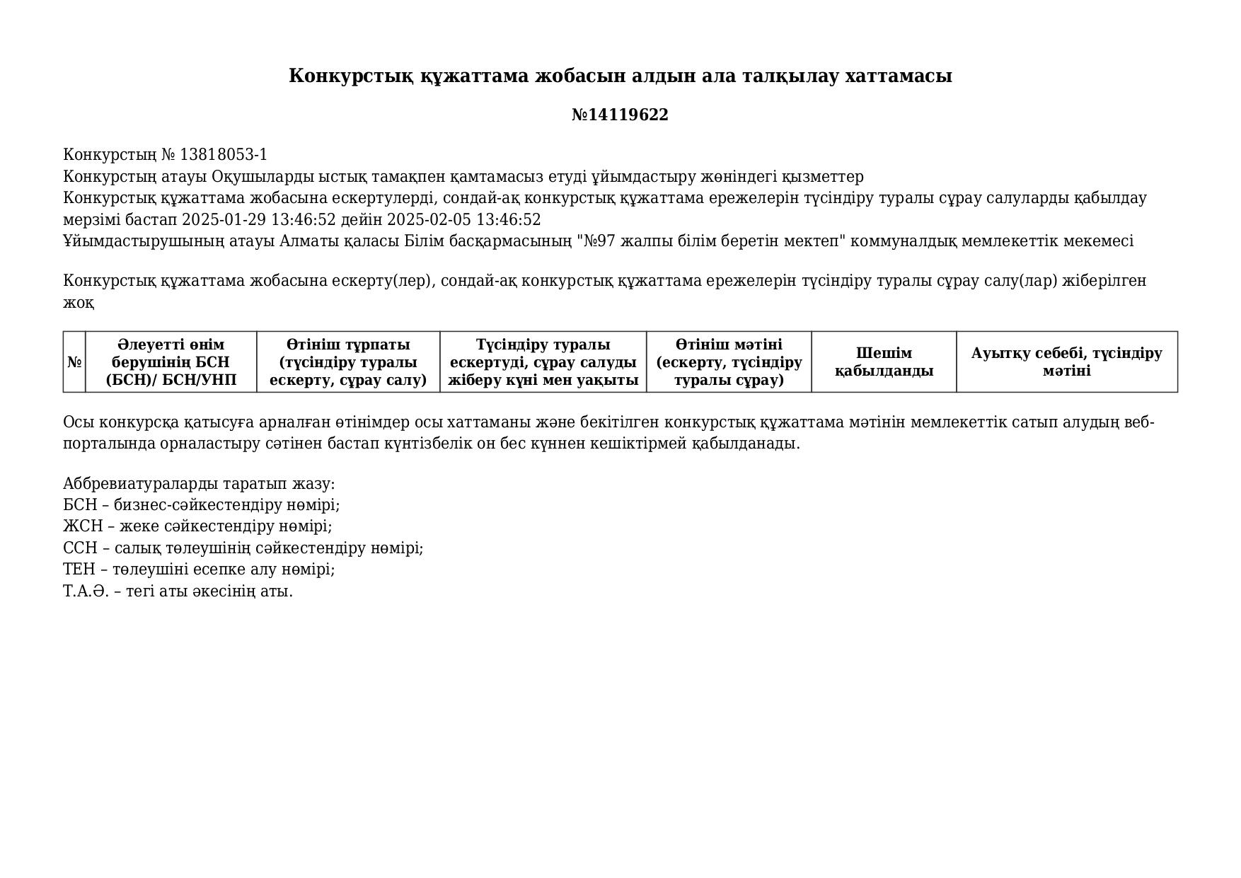 Конкурстық құжаттама жобасын алдын ала талқылау хаттамасы/Протокол предварительного обсуждения проекта конкурсной документации